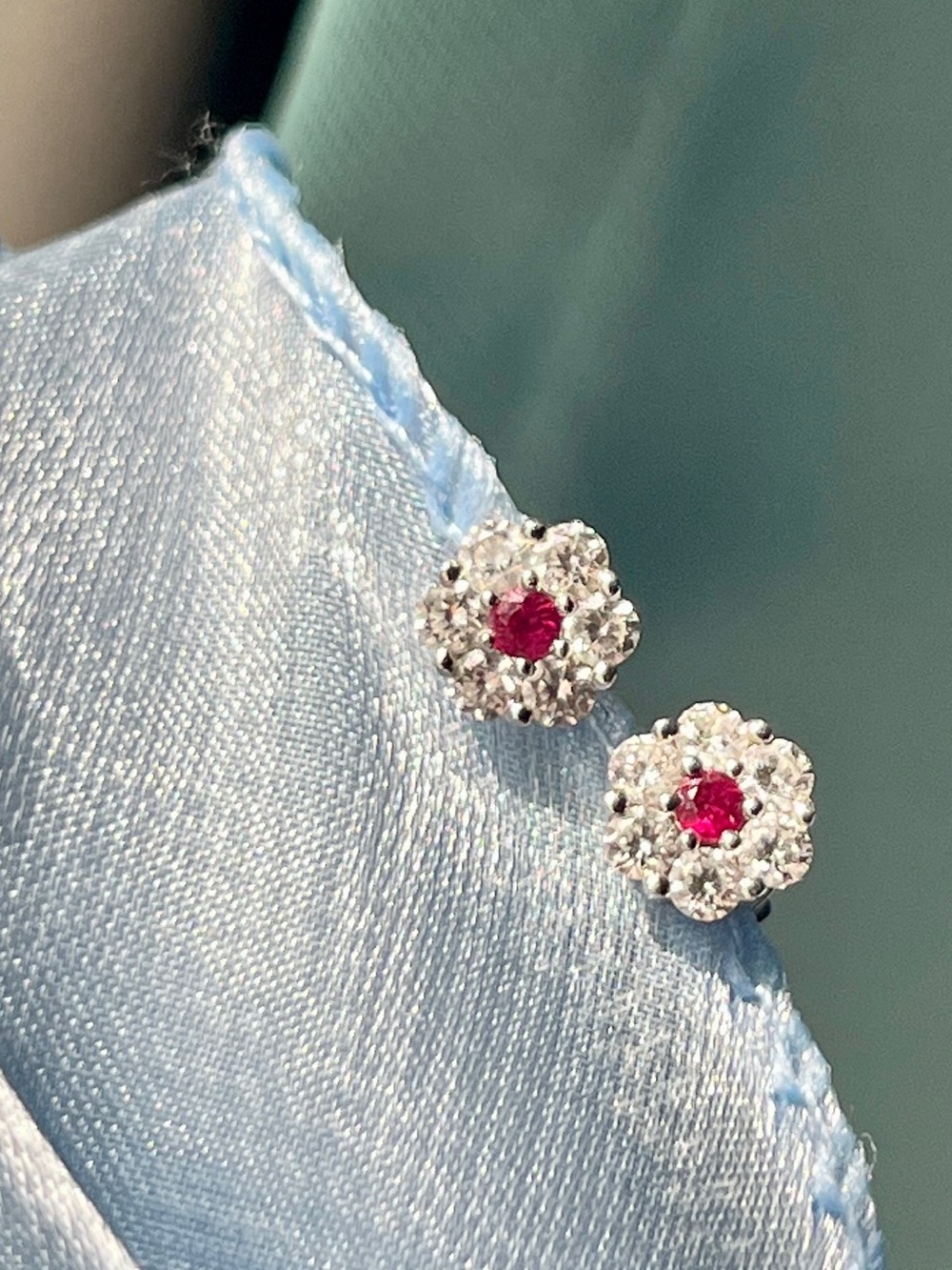 White Gold, Ruby (clarity enhanced), & Diamond Earrings